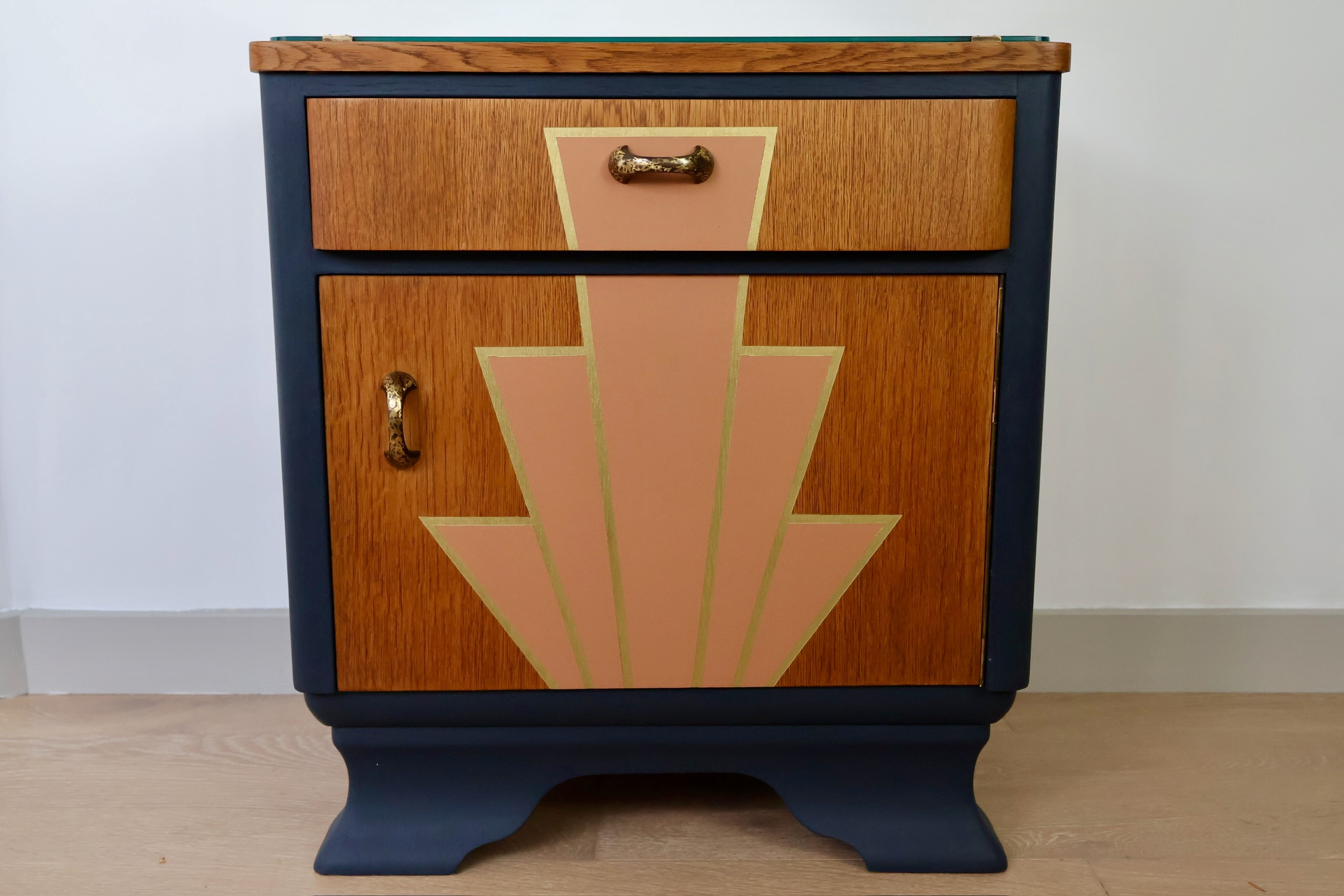 Art Deco Nightstand – Gold & Blue with Oak Veneer